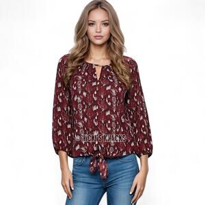 West K Tie Front Blouse Snake Print Burgundy 3/4 Sleeve Keyhole Chiffon Size S